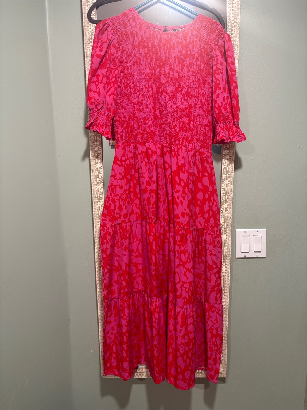 Bright Pink & Red Tiered Maxi Dress with Smocked Bodice
